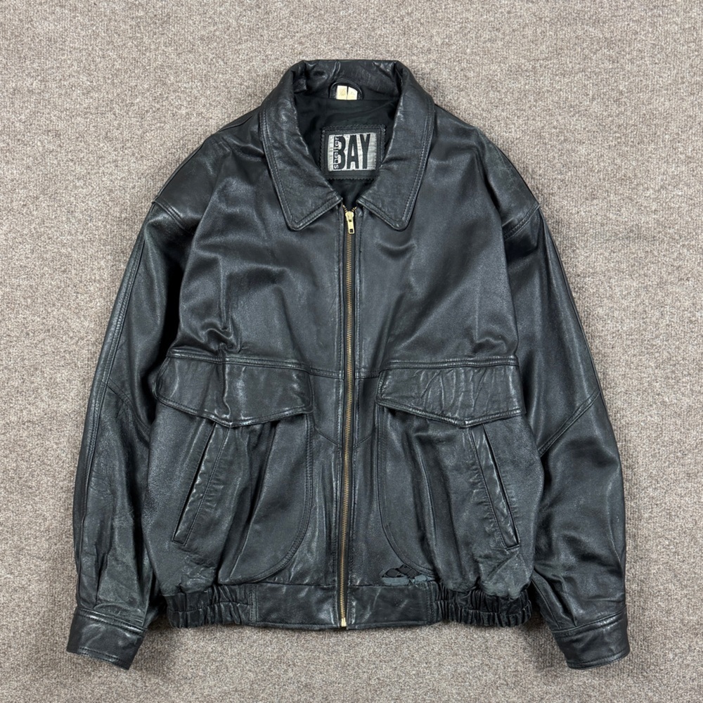 Vintage 90s Black Genuine Leather Distressed Full Zip Bomber Jacket Mens Size XL